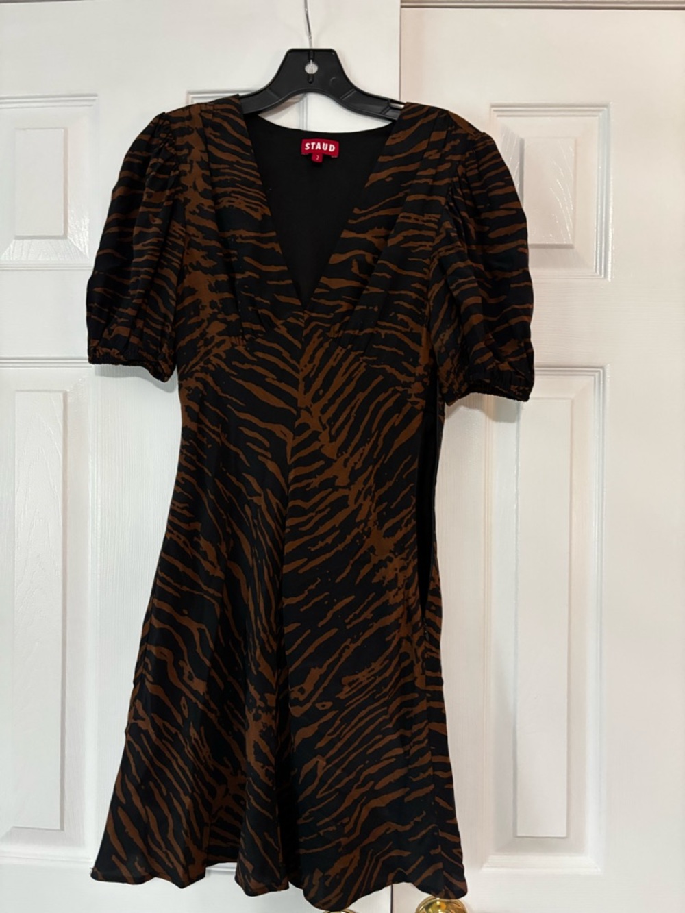 STAUD Black and Brown Tiger-Print V-Neck Mini Dress women’s size 2